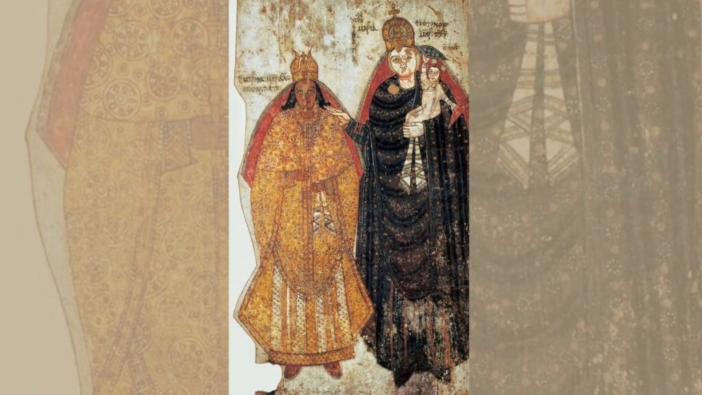 Queen Martha of Nobadia next to the Virgin Mary, holding baby Jesus, as found in the Faras Cathedral